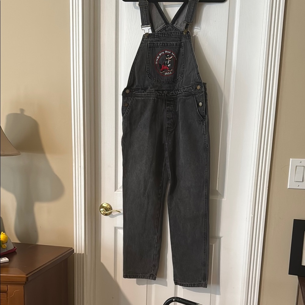 Disney 3 little pigs black denim overalls